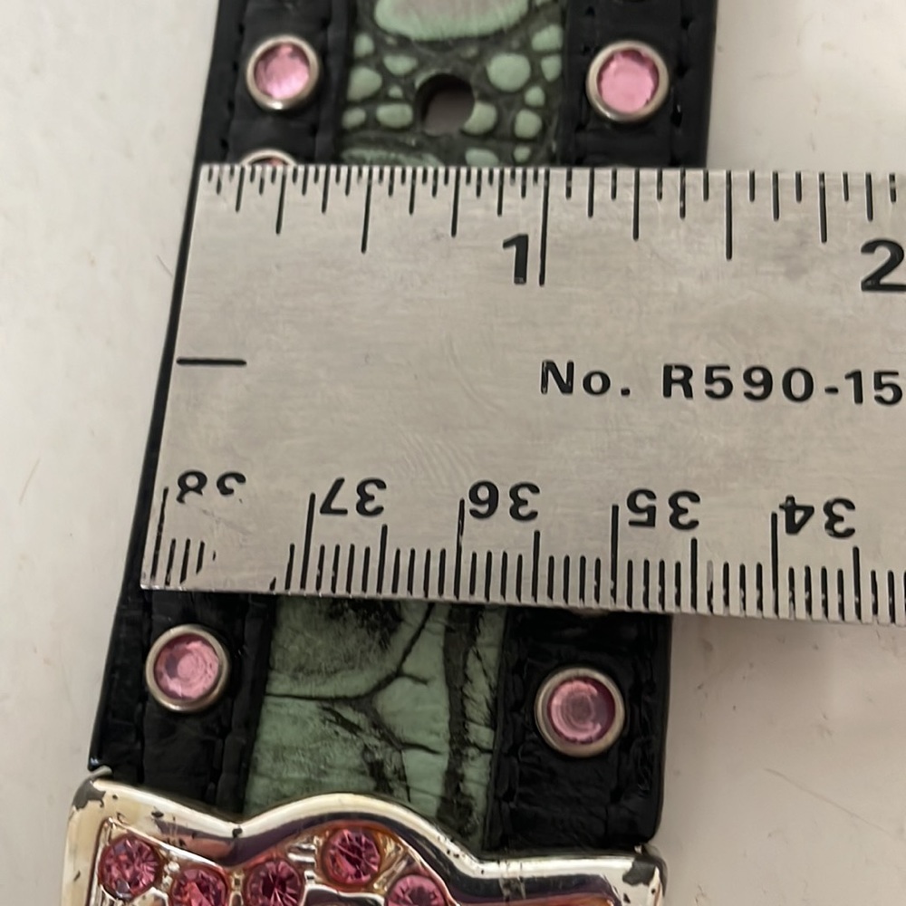 Woman’s Leather Belt Pink Rhinestone Silver color Buckle Cowgirl Country - Picture 11 of 12